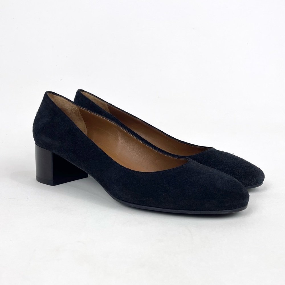 Aquatalia Vera Pump Black Suede Leather Block Heel Round Toe Classic Womens Sz 5